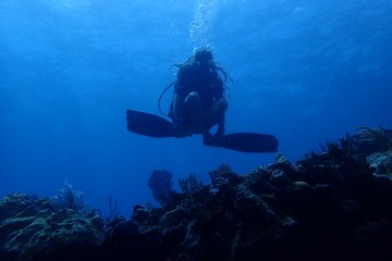 Diver sitting cross legged